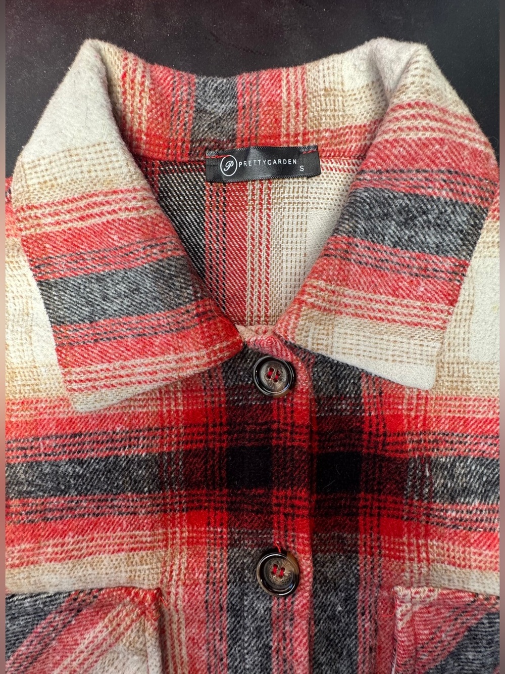 PrettyGarden Women’s Red Cream Black Plaid Button-Front Shacket S-M - Picture 6 of 9